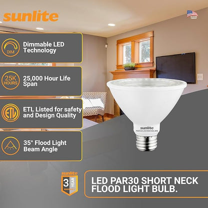 Sunlite LED PAR30 Short Neck Flood Light Bulb, 9 Watt, (75W Equivalent), 850 Lumens, Medium Screw (E26) Base, Dimmable, ETL Listed, 3000K Warm White, 6 Count