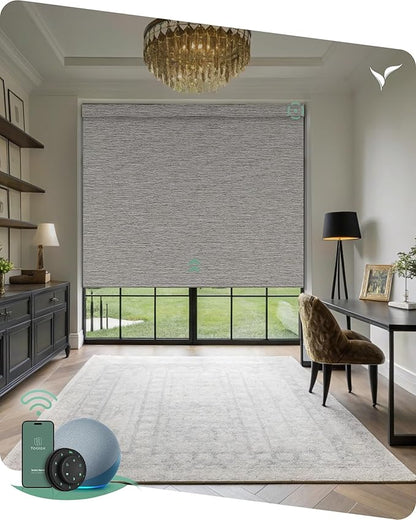 Yoolax Motorized Blinds with Remote, Designer Smart Blinds Work with Alexa, Google, Apple Homekit, 100% Blackout Motorized Shades Custom Electric Shades Voice Control (V-Wood Stripe)