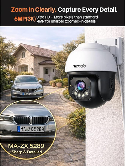 Tenda 5MP QHD Outdoor Pan/Tilt Wi-Fi Security Camera, 360° Full Coverage, Color Night Vision, AI Human/Vehicle/Motion Detection, 2-Way Talk, IP65, WiFi 6,24/7 Plug-in Guard for Your Yard (CH7 2.0)