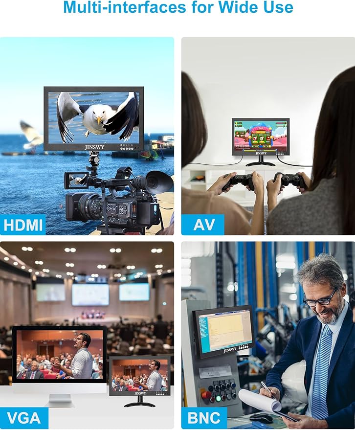 10.1" Security Monitor, 1280 x 800 HD Display, 16:10 IPS Metal Portable Mini CCTV Monitor, HDMI VGA BNC AV USB Ports, Built-in Speakers & Remote Control, for DVR, PC, Raspberry Pi