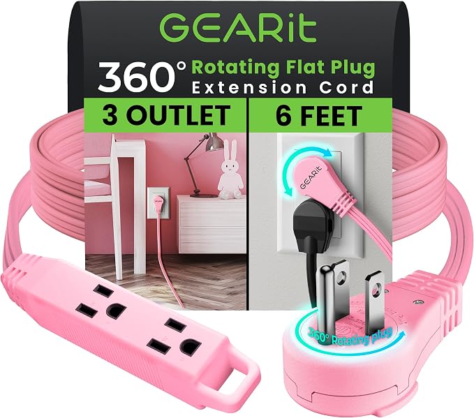 GEARit 6 ft 360° Rotating Flat Plug Extension Cord, 3 Outlet Low Profile Power Cord, 16 AWG 13A 3 Prong Grounded Indoor Cord, ETL Listed, Space-Saving for Furniture, Pink