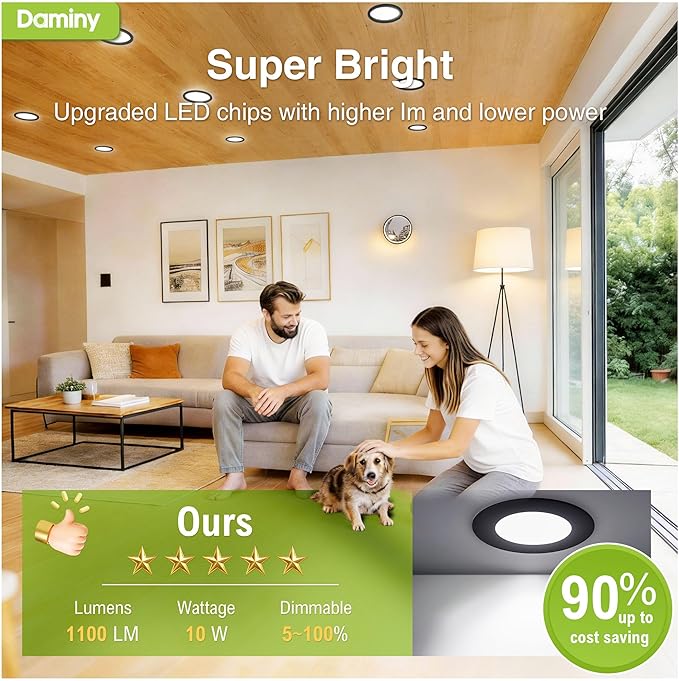 DAMINY 24 Pack 6 Inch Black LED Recessed Lighting with Junction Box,5CCT,Ultra-Thin Recessed Light,10W 1100LM, Dimmable Canless Wafer Ceiling Light, High Brightness