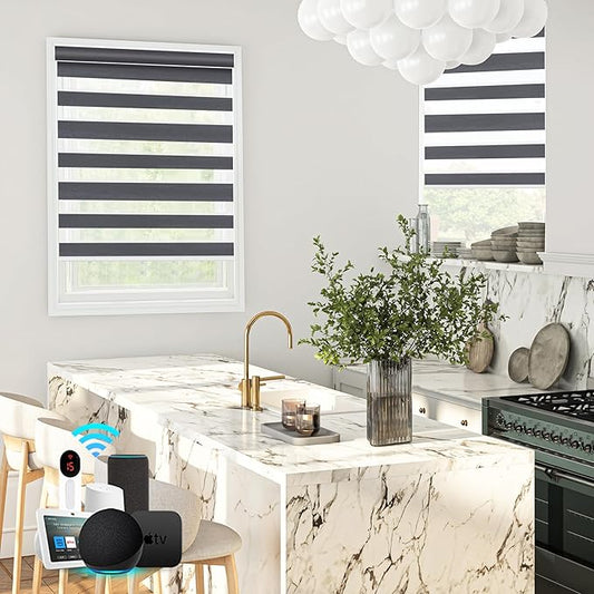 Bringnox Smart Motorized Zebra Roller Blinds - 60% Blackout, Remote Control, Works with HomeKit, Google Home & Alexa via Hub, Custom Size(60% Blackout Black-34)