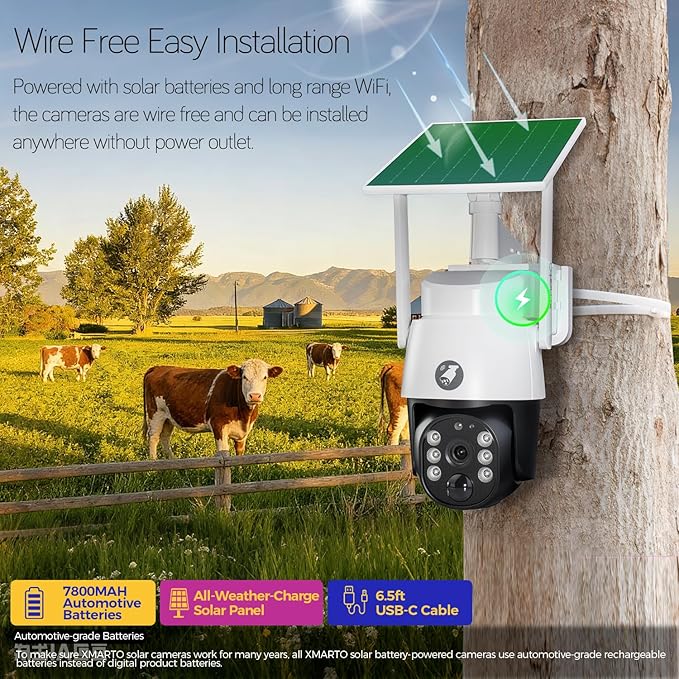 xmartO 4MP QHD Wireless PTZ Solar Security Camera, WiFi 6 5G Dual Band, Wire-Free Easy Installation, No Monthly Fee, Outdoor/Indoor Home Use, Wall/Ceiling/Tree/Pole/Corner Mount