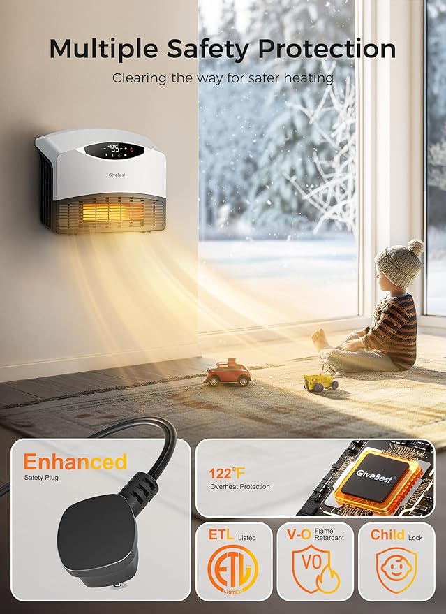 GiveBest Smart Wall Heater, 1500W Electric PTC Space Heaters for Indoor Use, Adjustable Thermostat, Remote Control, Compatible with Alexa, 24H Timer Heat for Bedroom Office Home Garage RV