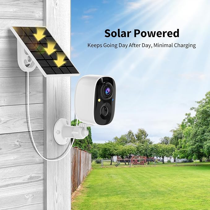 2K FHD Smart Wireless Security Camera Indoor/Outdoor,Solar Powered WiFi Camera with Color Night Vision, Motion Detection, 2-Way Audio, Weatherproof, Cloud/SD Storage for Home Security (2.4GHz Only)