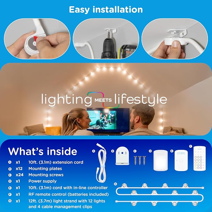 Enbrighten Vibe Spectrum LED Wall Light Smart Lighting Indoor String | Downlight, RGB Lights for Room, Works with Alexa, Google Home, 12ft with 12 LEDs, White 85832