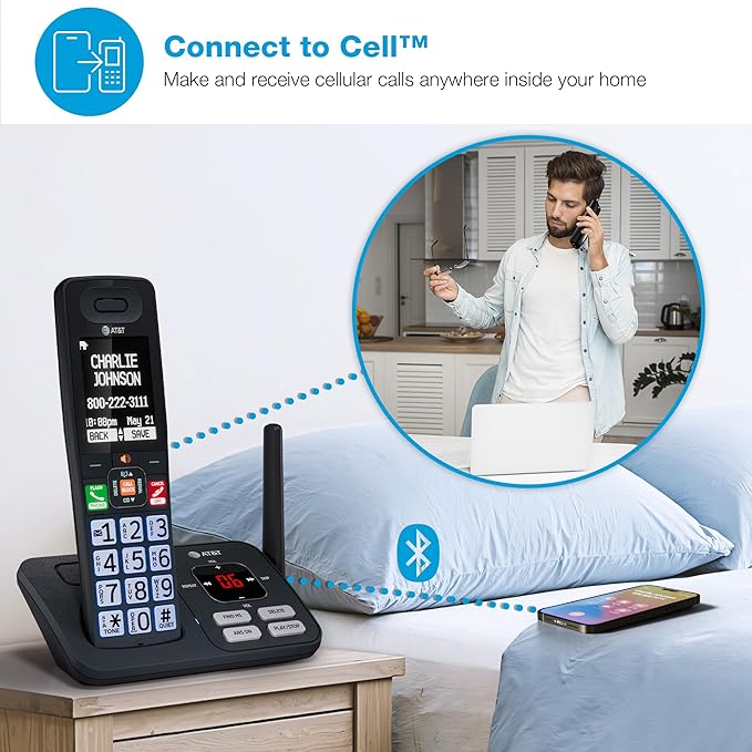 AT&T Cordless Phone, Landline Phones for Home with Smart Call Blocker, 2 Handsets Bluetooth Phone, Large Color Display, Big Buttons, Long Range, Digital Answering System: BL108-2 (Charcoal & Silver)
