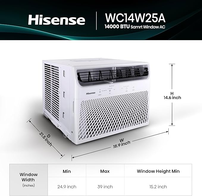 Hisense 14,000 BTU Smart Window Air Conditioner, 3 modes (Cooling, Fan, Dehumidifier), Easy Installation,Ultra Quiet, 2 Years Warranty