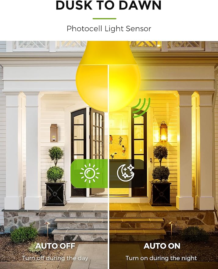 L LOHAS LED Dusk to Dawn Bug Light Bulb Outdoor, A19 Yellow LED Bug Light Bulbs, 9W Auto On/Off Bug Lights for Outside, Amber Porch Light Bulb 60W Equi, Non-Attracting, E26 Base for Backyard, 2 Pack