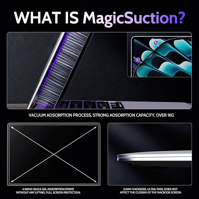 Peslv Privacy Screen for MacBook Air 13.6/13 Inch (2022-2026, M2, M3, M4, M5), MagicSuction™ Removable Anti Spy Black Protector, Glare Blue Light Filter for Mac Laptop Computer
