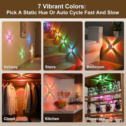 Motion Sensor LED Night Lights 4 Pack, Rechargeable Wireless Stair Lights, Magnetic Installation, RGB & 3 Color Temp, Wall Sconce for Hallway Closet Bedroom Indoor
