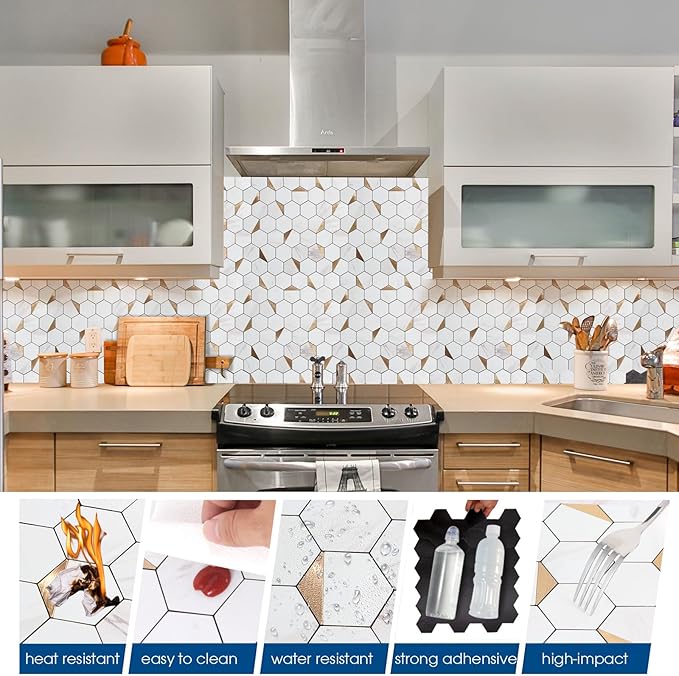 10-Sheet Hexagon Peel and Stick Backsplash Tile,12x12 inches Carla White Mixed Metal 3D PVC Wall Tiles Stick on Backsplash for Kitchen and Bathroom