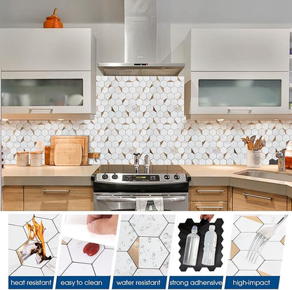 10-Sheet Hexagon Peel and Stick Backsplash Tile,12x12 inches Carla White Mixed Metal 3D PVC Wall Tiles Stick on Backsplash for Kitchen and Bathroom