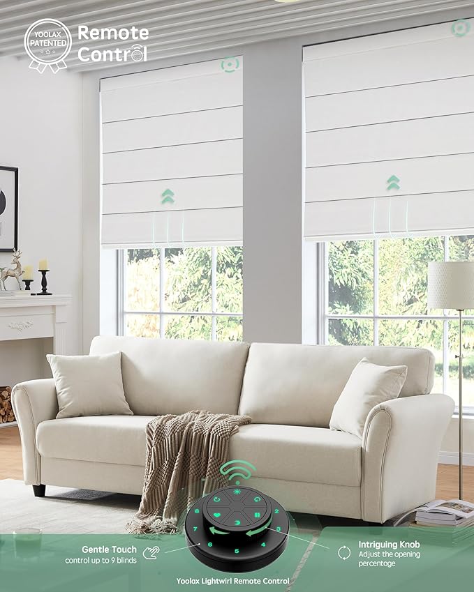 Yoolax Motorized Roman Shades with Remote, Smart Roman Shades for Indoor Windows, Blackout Automatic Blinds Work with Alexa, Google, Apple Homekit for Living Room Bedroom, Customized (Texture White)