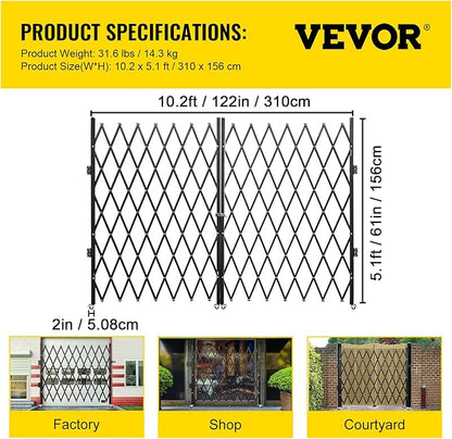 VEVOR Double Folding Security Gate, 61" H x 122" W Folding Door Gate, Steel Accordion Security Gate, Flexible Expanding Security Gate, 360° Rolling Barricade Gate, Scissor Gate or Door with Keys