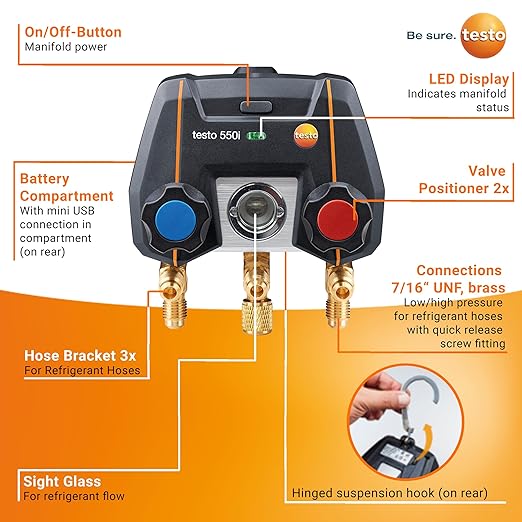 Testo 550i AC Manifold Gauge Set – Manifold Gauges & Refrigeration – Incl. 1x 552i Micron Gauge & 2x 115i Pipe Clamp For Air Conditioning, Refrigeration Systems & Heat Pumps – Bluetooth – App Operated