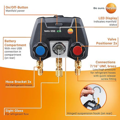 Testo 550i AC Manifold Gauge Set – Manifold Gauges & Refrigeration – Incl. 1x 552i Micron Gauge & 2x 115i Pipe Clamp For Air Conditioning, Refrigeration Systems & Heat Pumps – Bluetooth – App Operated
