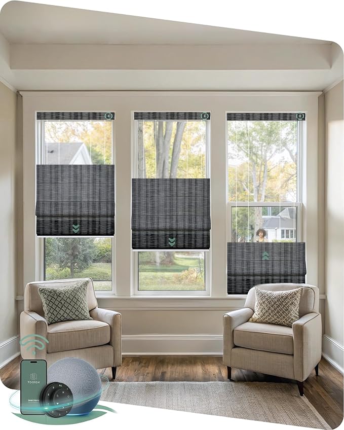 Yoolax Smart Top Down Bottom Up Roman Shades, Motorized Roman Shades with Remote, Light Filtering Smart Blinds Work with Alexa, Google, Apple Homekit for Living Room, Customized (Strip Dark Grey)