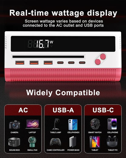 10-in-1 USB Charging Station, 4 Outlets Power Strip with 6 USB, 5 FT Long Extension Cord, 45° Flat Plug, 20W Fast Mulit Charging Station for Home Office Travel Plug Extension Outlet (Red)