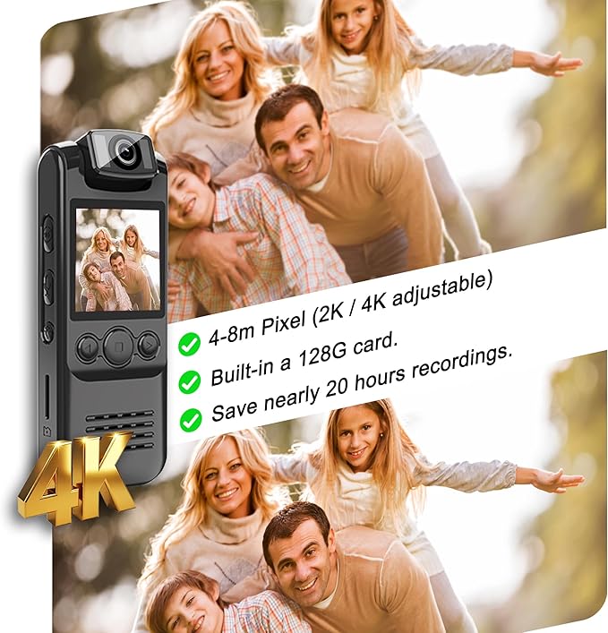 4K Body Camera with Audio and Video Recording, 128GB Mini Wearable Cam with Magnetic Lanyard, Body Worn Camera for Travel, Cycling, Work Security, Police Law Enforcement