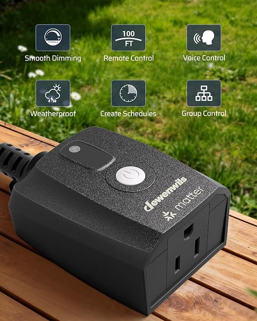 DEWENWILS Wi-Fi Matter Smart Dimmer Plug for String Lights, 2.4GHz Only | 100FT Range, Stepless Dimming, LED 150W/Tungsten 300W Bulbs Compatible, Works with Alexa, Google Home, SmartThings