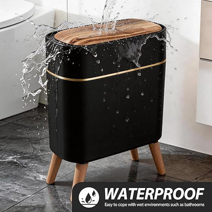 suyika Automatic Trash Can, 2.6 Gallon/10L Bathroom Trash Can with Lid - Wood Grain Lid and Legs, Touchless Waterproof Garbage Bin for Bedroom, Bathroom, Office, Living Room
