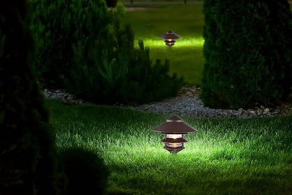 Nuvo SF76/637/04 Outdoor Pagoda Landscape Pathway Light 3 Tier - Large Hood (4 PACK) Old Bronze | 3-tier large hood, Aluminum and glass, Pole mount, E26 medium base, Wet location rated