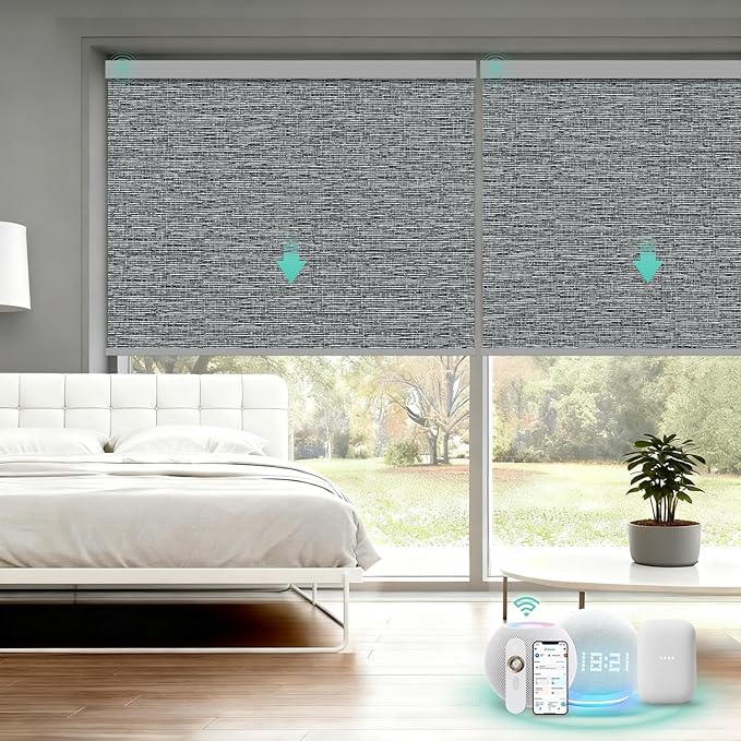 Motorized Blinds with Remote, Blackout Smart Automatic Electric Blinds for Windows Compatible with Alexa Homekit, Cordless Indoor Motorized Roller Shades with Custom Size（Black Linen）