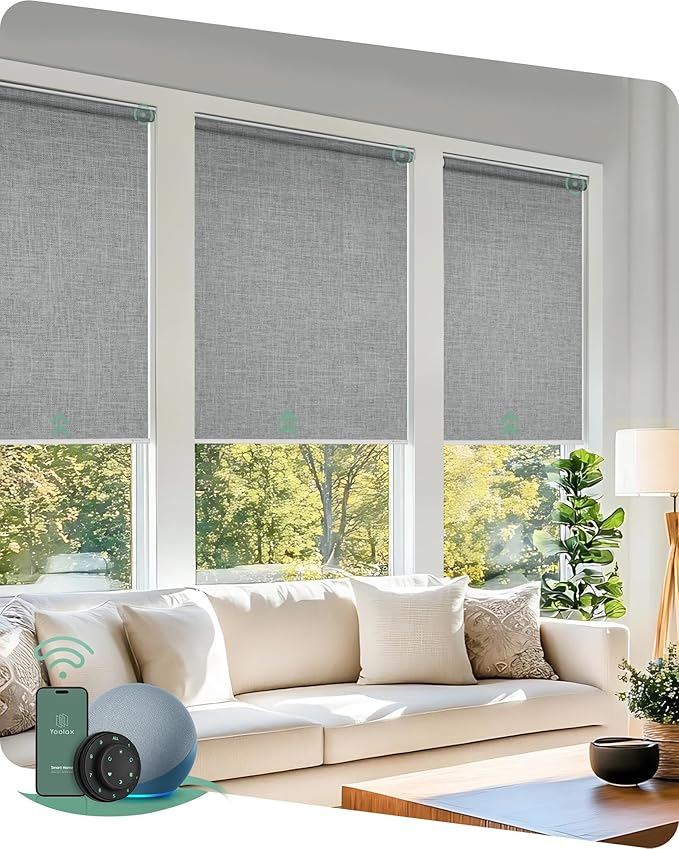 Yoolax Motorized Blinds with Remote, 100% Blackout Smart Roller Shades Work with Alexa, Google, Apple Homekit, Custom Automatic Shades with Voice Control for Bedroom Office (Fabric Smoky Gray)