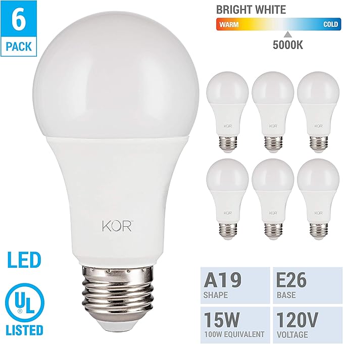 KOR 6 Pack A19 LED Light Bulb, 100W Equivalent, 5000K Bright White, 1500 Lumens, Efficient 15 Watt Replacement Bulbs with E26 Standard Base, 10000 Long Life Hours, Non-Dimmable, 80+ CRI, UL Listed