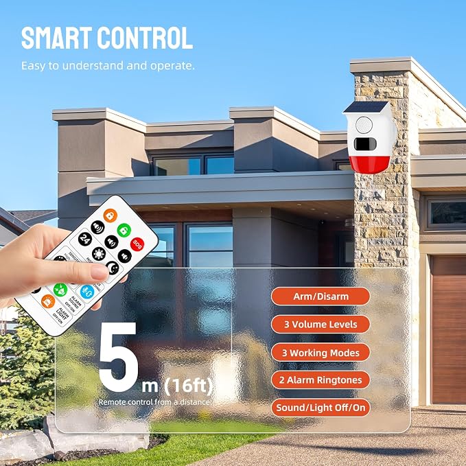 PGST Solar Strobe Alarm Light, Wireless Security Alarm with Remote Control, IP65 Waterproof Solar Powered Siren, 120dB Loud Sound for Home, Farm, Barn, Villa, Yard and Property Safety
