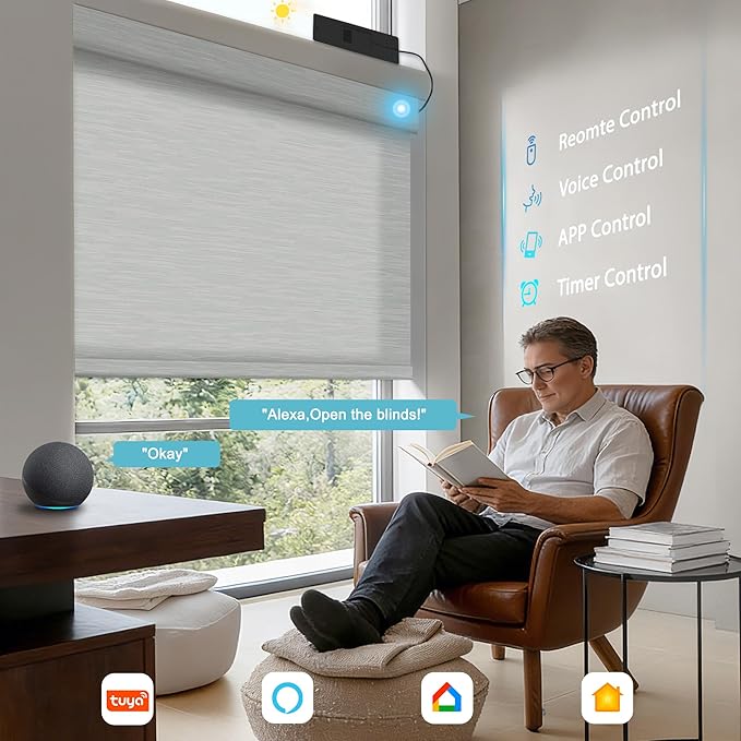 BERISSA Smart Motorized Blinds with Remote,No Drill Automatic Roller Blinds for Indoor Windows,Light Filtering Linen Fabric,Electric Shades for Windows Home Office,Filter Jacquard White,Custom Size