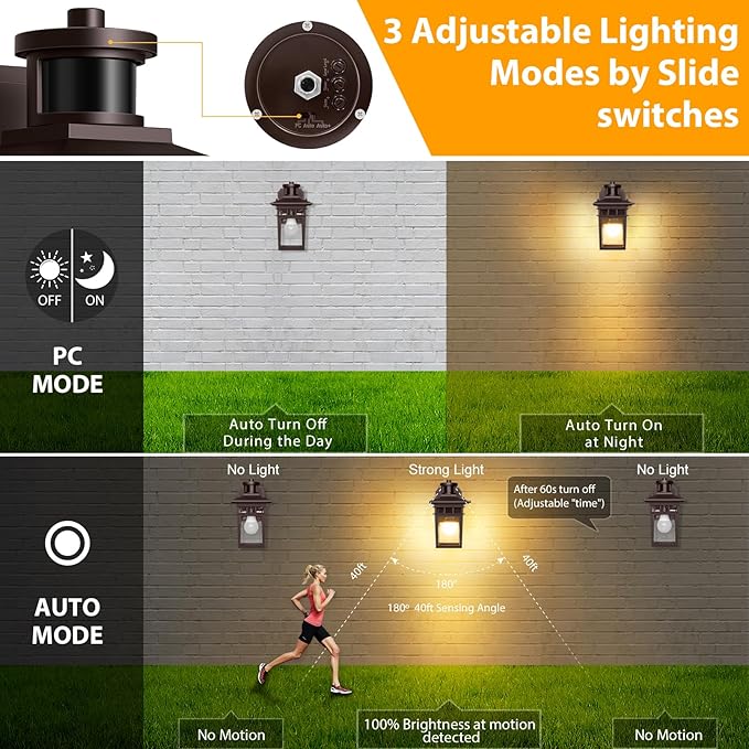 Porch Light with GFCI Outlet, Bronze Dusk to Dawn Motion Sensor Outdoor Lights, 3-Mode Wall Exterior Lighting Fixture, Waterproof Outside Lights Sconce for House Front Door Patio Garage