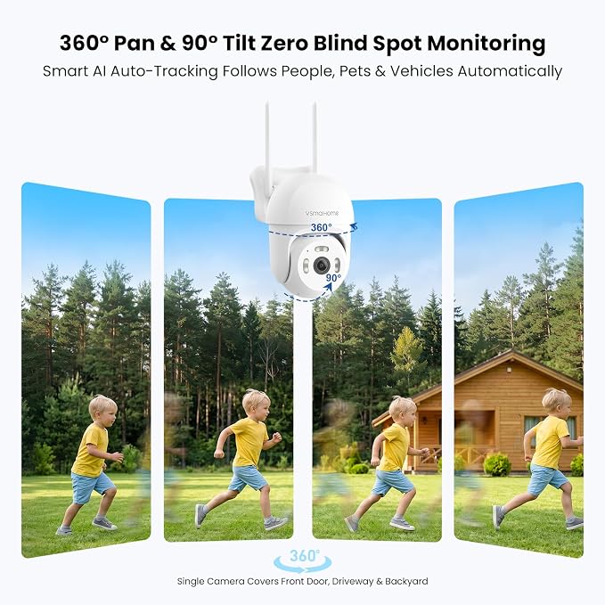 2.5K Outdoor Security Camera,Plug-in 360 PTZ Camera,24/7 Non-Stop Surveillance,Security Camera for Home AI Motion Detection,Full Color Night Vision,2-Way Audio,Cloud/SD Storage,Compatible with Alexa