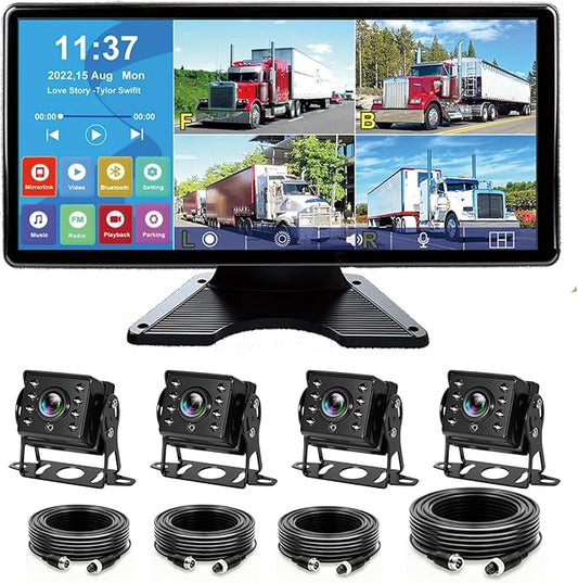 10.36'' 4K RV Backup Camera System with 4 1080P Cameras, Built-in DVR Loop Recording, Bluetooth MP5, Night Vision, IP69 Waterproof for Truck Trailer Camper