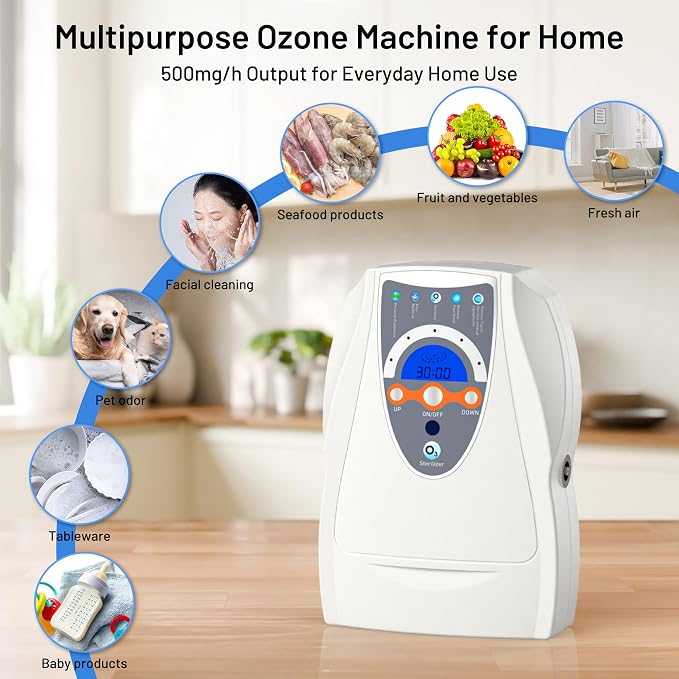 Ozone Machine Generator, Multifunctional with Timer, 500mg/h Portable Ozone Machine for Home, Kitchen, Office, Cleaning Water, Fruits and Vegetables——White
