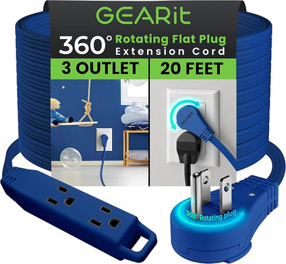 GEARit 20 ft 360° Rotating Flat Plug Extension Cord, 3 Outlet Low Profile Power Cord, 16 AWG 13A 3 Prong Grounded Indoor Cord, ETL Listed, Space-Saving for Furniture, Navy