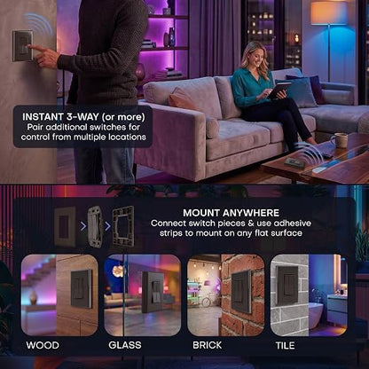RunLessWire Click for Philips Hue Battery-Free Wireless Smart Switch Brown | Dimmable Kinetic Switch Pairs Natively to Philips Hue Bridge, 4 Programmable Buttons to Control Scenes & Areas, 100ft Range