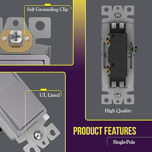 ENERLITES Elite Series Decorator Rocker Light Switch, 15A 120V/277V, Gloss Finish, Single Pole, 3 Wire, Grounding Screw, Residential Grade, UL Listed, 91150-SV, Silver Color (10 Pack)