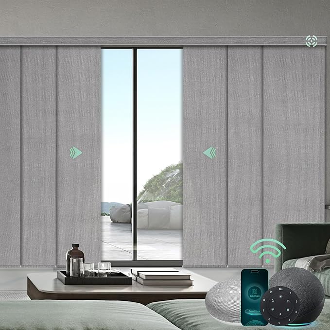 Yoolax Custom XL Smart Sliding Door Blinds, Motorized Sliding Panel Blinds Compatible with Alexa, Fabric Blackout Vertical Rechargeable Battery Shades for Glass Doors(Grid Light Gray)