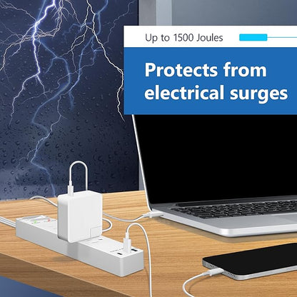 LIDER Outlet Extender with 4 Receptacles, USB-A and 2 USB-C, Ultra-Thin Flat-Plug with Cord Extender, 4-Outlet Power Strip, Slim Angled Design, Surge Protector, 1500 Joules, 5ft Cord, UL-Listed, White