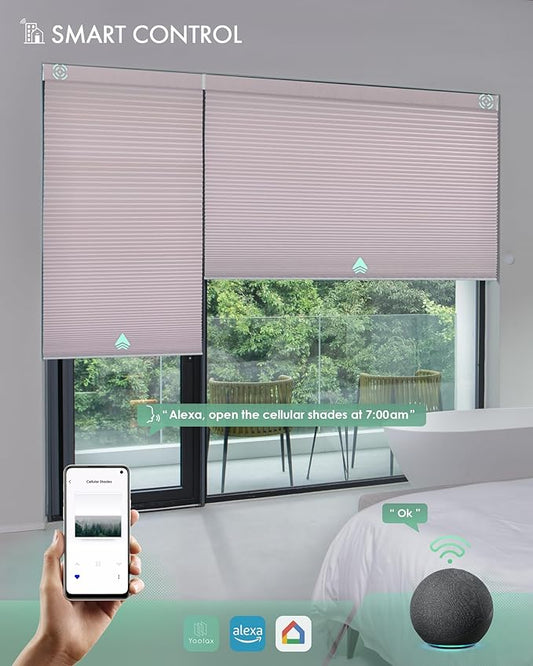 Yoolax Motorized Cellular Shades Compatible with Alexa, Blackout Motorized Blinds with Remote Smart Honeycomb Shades for Indoor Windows, Automatic Blinds Custom Size (Light Pink)
