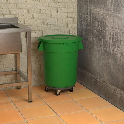 32 Gallon Green Round Commercial Trash Can with Lid and Dolly, Heavy-Duty Food Grade NSF Certified, Perfect for Restaurant, Office, School, Garage, Backyard, Workshop, Warehouse