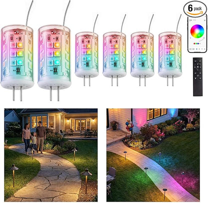 Gardenreet RGBCW G4 LED Bulb, 12V Low Voltage Bi-Pin Halogen Replacement for Outdoor Deck Step Lights & Indoor RV Cabinet Lights, Color Changing/Warm White, Bluetooth Mesh 65ft, 270LM, 6 Pack