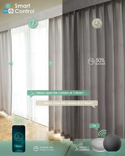 Yoolax Motorized Curtains with Remote, Blackout Curtains with Voice Control, Smart Shades for Living Room, Bedroom, Compatible with Alexa Google Home, APP Control, Custom Size, Light Grey