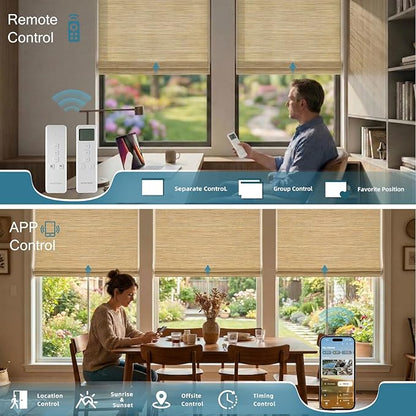 Motorized Roman Woven Woods Shades 100% Blackout Work with HomeKit, Alexa,Google, Remote Control Natural Bamboo Blinds Electric Roman Blinds Custom Size,Crocheting Yellow