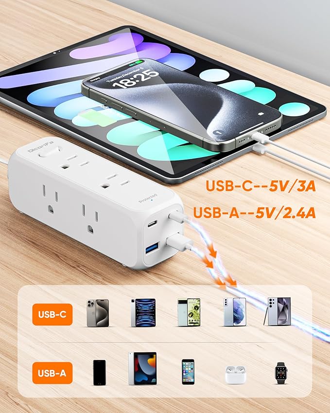Olcorife Flat Plug Power Strip with 6 AC Outlets 4 USB Ports, 2000 Joules Surge Protector, 3FT Flat Extension Cord, Home Office Travel Dorm Room Essentials