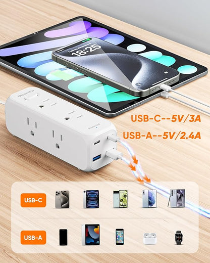 Olcorife Flat Plug Power Strip with 6 AC Outlets 4 USB Ports, 2000 Joules Surge Protector, 3FT Flat Extension Cord, Home Office Travel Dorm Room Essentials