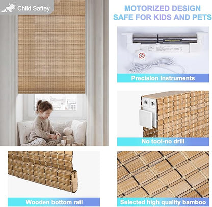 Motorized No Drill Bamboo Roman Blinds with Remote,Cordless Smart Light Filtering Bamboo Roman Shades for Indoor Windows,Alexa Google Home,APP Control,Brown28D07,35" W x 64" H
